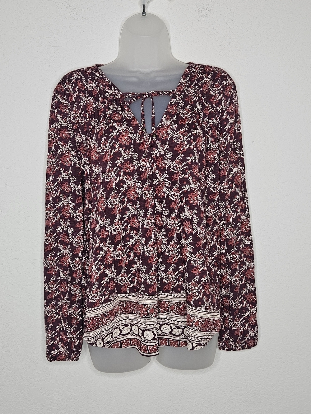 Lucky Brand Cotton Modal Boho Ditsy Floral Lightweight Flowy Tie Neck Blouse Top